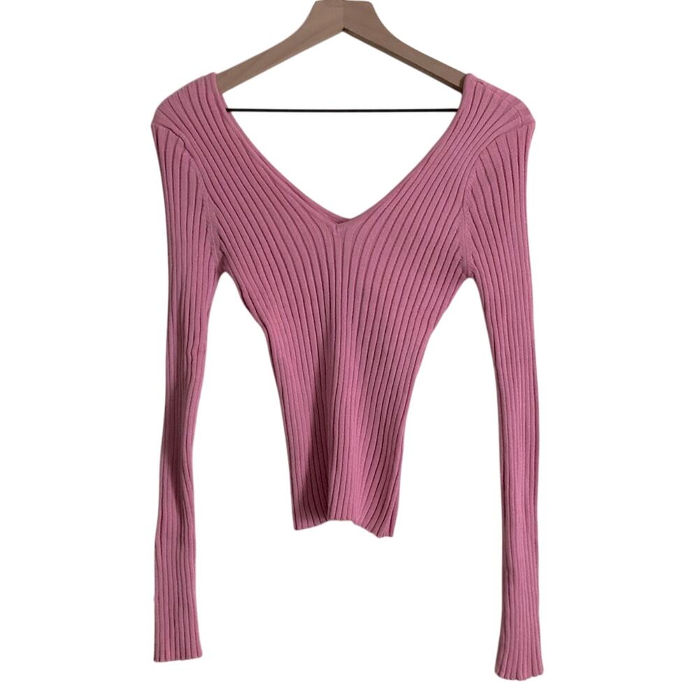 ❤️5/$25 SALE NWT Fashion Nova Kallan Knit Sweater Top Pink Ribbed V-Neck Shirt